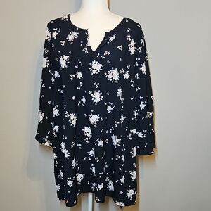 Lane Bryant Navy Blue & White Floral Split Neck Blouse